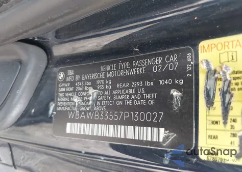 2007 BMW 328I z USA, uszkodzony, nr VIN WBAWB33557P130027